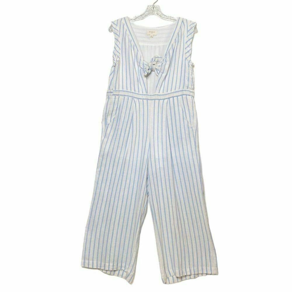 everly Tie-Front Culotte Jumpsuit in Ikat Stripe white blue sz small linen - Picture 5 of 12